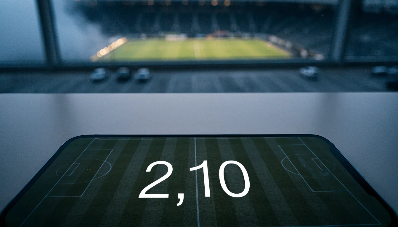 Ein Stadion unter Flutlicht aus der Ferne gesehen, davor ein leerer Parkplatz im Dunst.