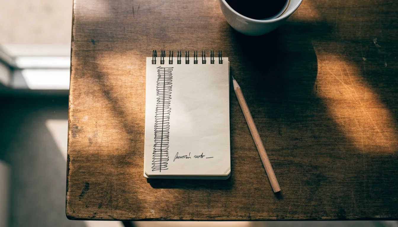 Ein Notizbuch mit handgeschriebenen Strichlisten liegt neben einem Bleistift und einer Kaffeetasse auf einem Holztisch.