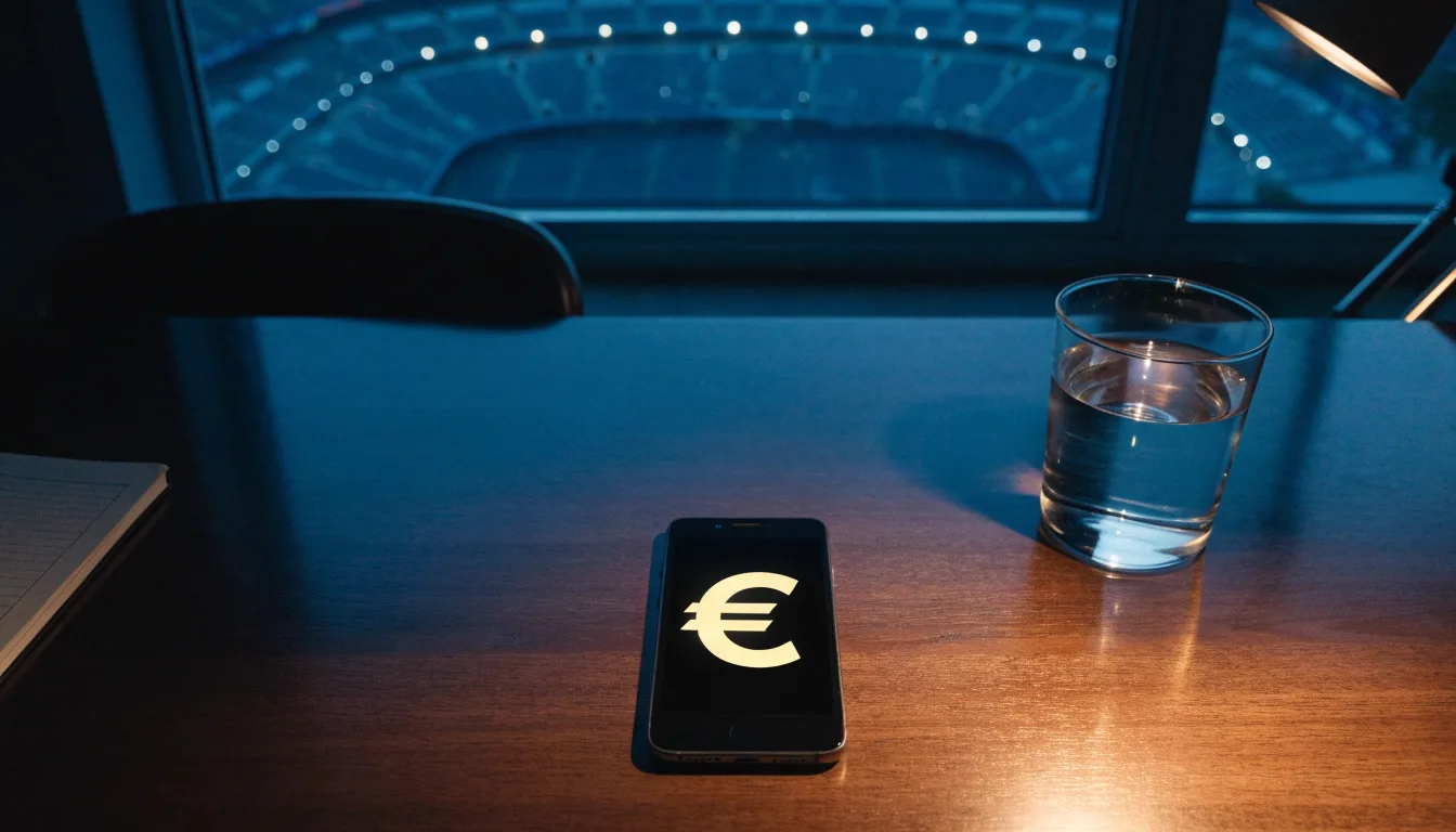Ein Smartphone mit dunklem Display liegt auf einem Schreibtisch neben einem Glas Wasser, im Fenster dahinter ein Stadion im Dämmerlicht.