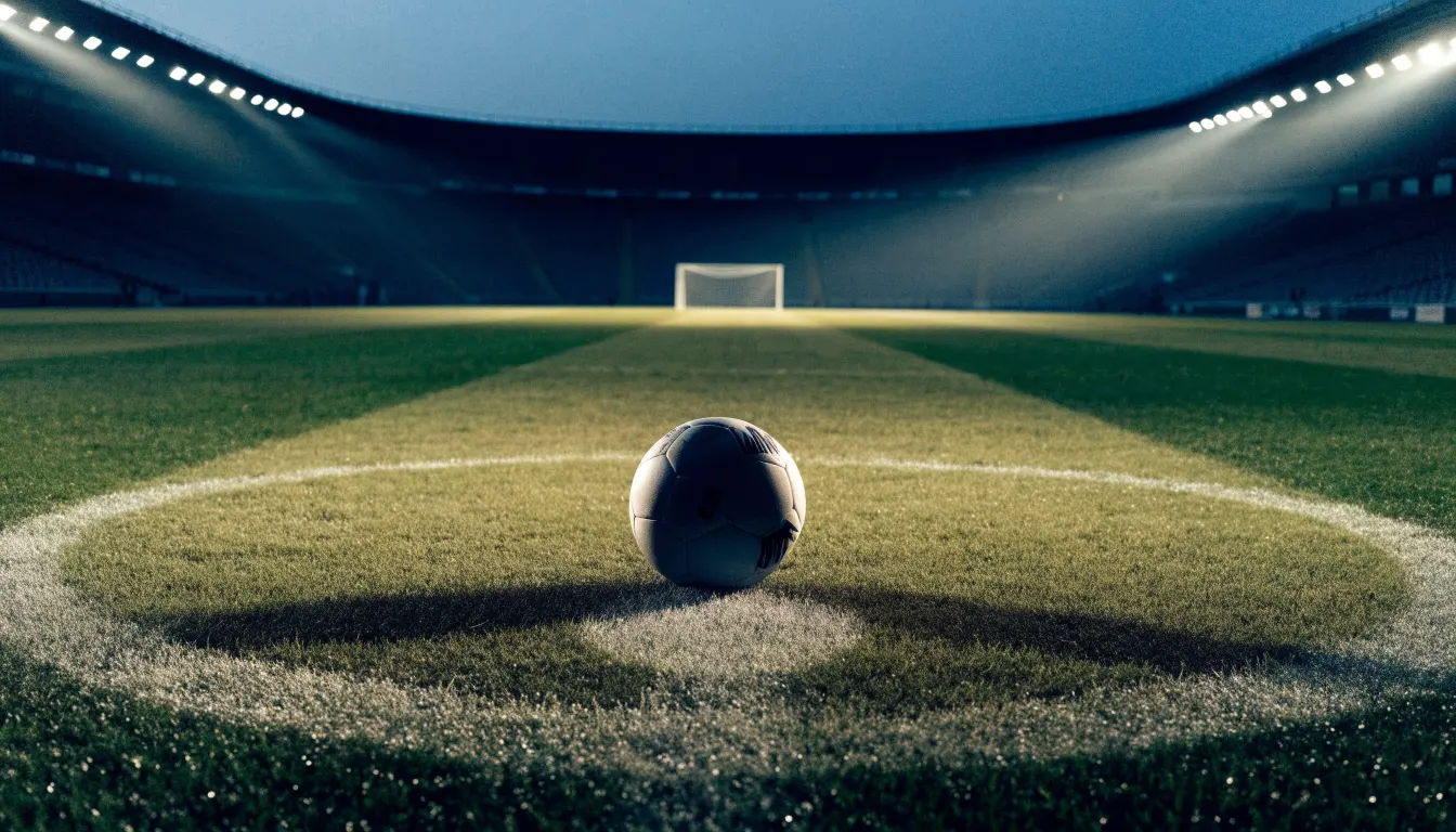 Ein Fußball liegt auf dem Mittelkreis eines leeren Rasenplatzes unter Flutlicht am frühen Abend, die Tribünen sind nur schemenhaft zu erkennen.