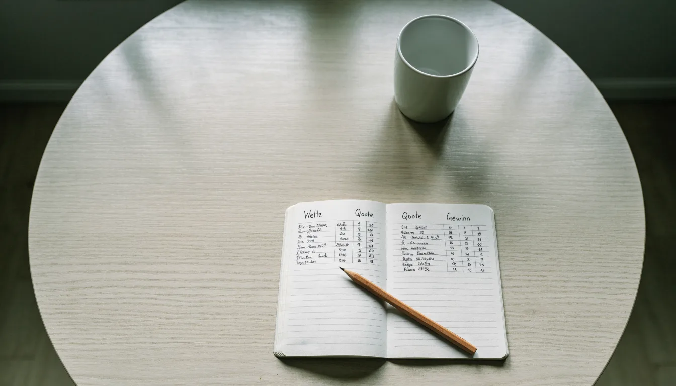 Ein Notizbuch mit handschriftlichen Zahlenreihen und ein Bleistift liegen auf einem Küchentisch neben einer Tasse.