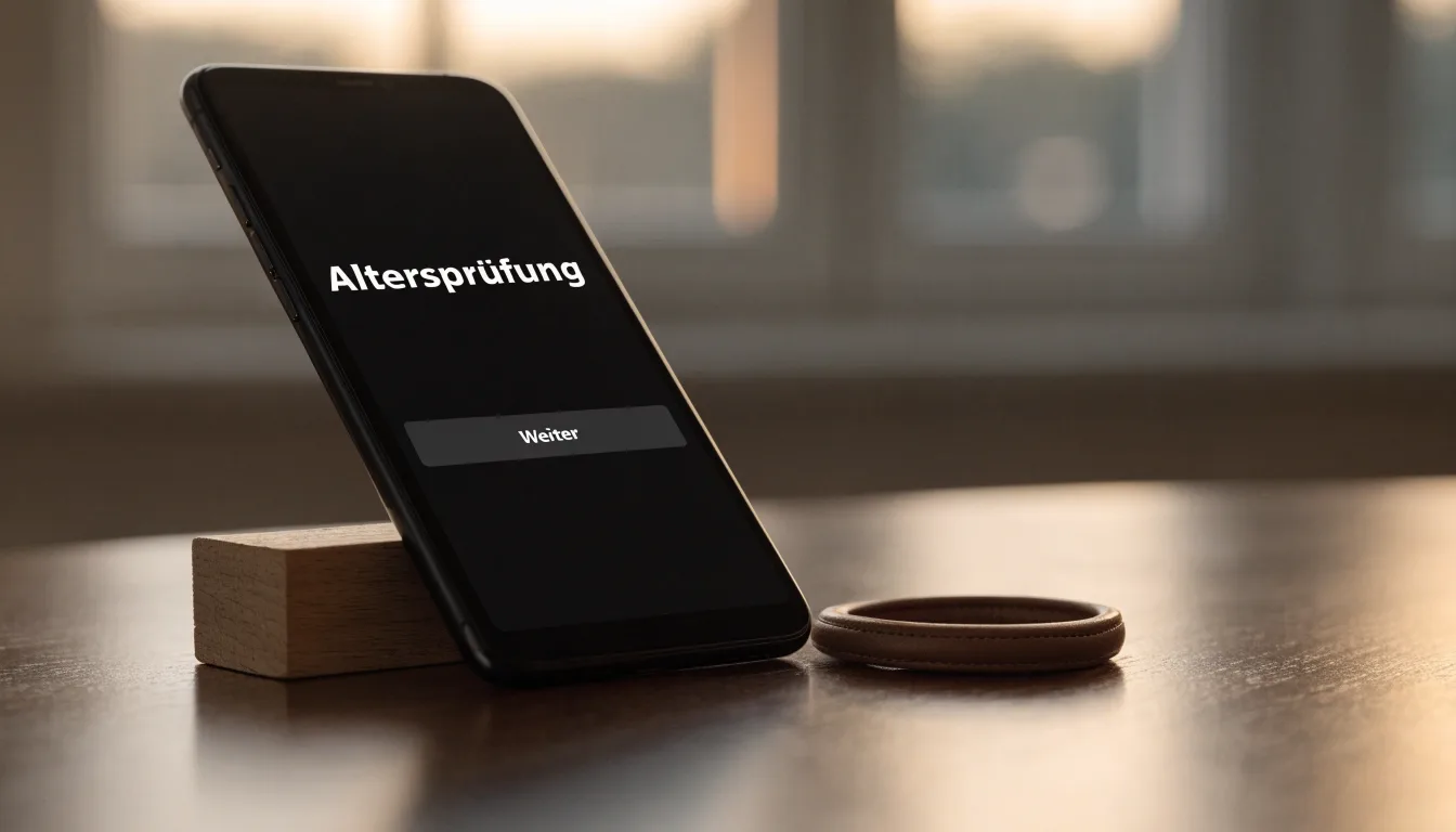 Ein Smartphone mit dunklem Display liegt auf einem Holztisch, daneben ein Schlüsselbund, im Hintergrund ein Fenster mit Abendlicht.