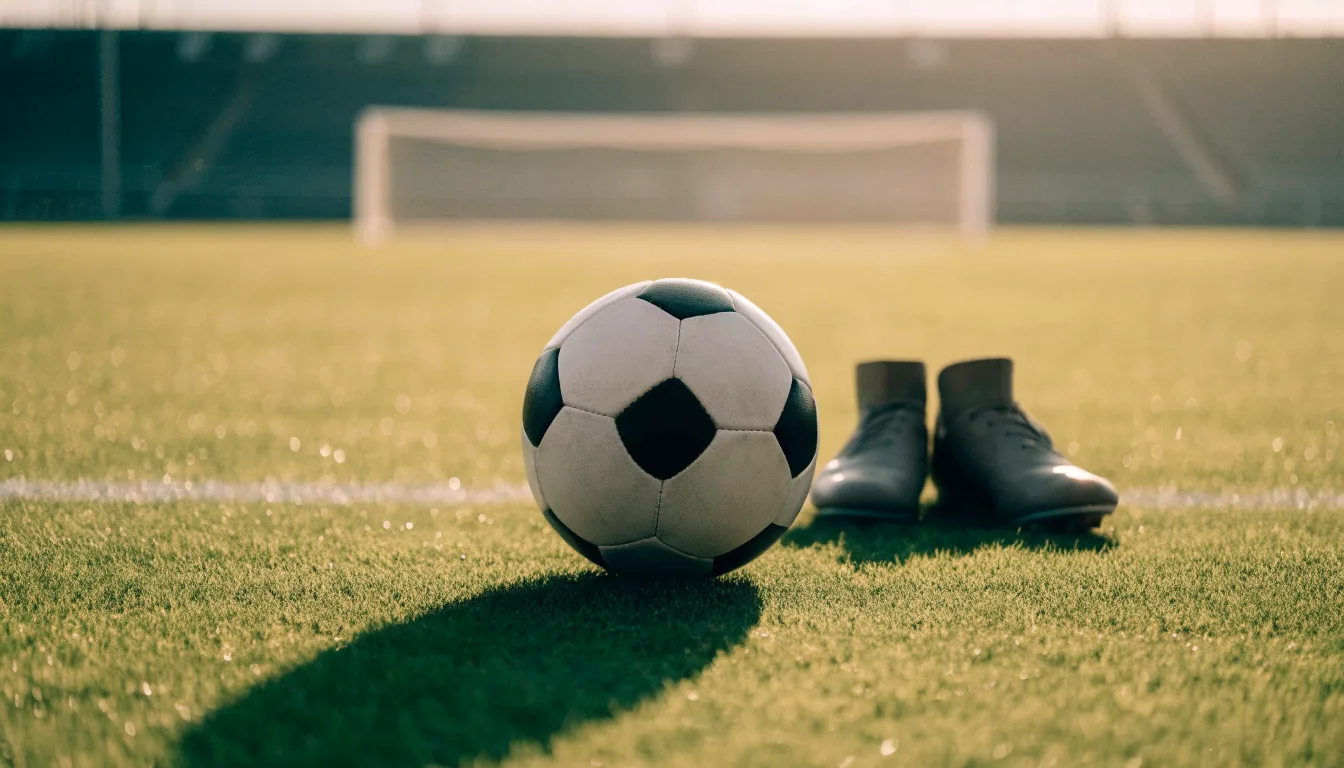 Ein Fußball auf frisch gemähtem Rasen im Morgenlicht, daneben ein Paar Fußballschuhe ohne erkennbare Marke.