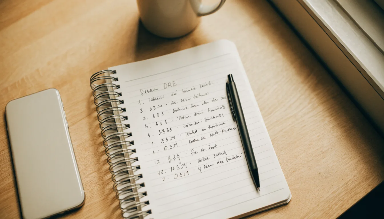 Ein Notizbuch mit handgeschriebenen Zahlen und ein Kugelschreiber liegen auf einem Tisch, daneben ein Smartphone mit schwarzem Bildschirm.