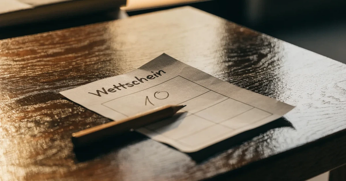 Eine kleine Spardose aus Keramik steht auf einem Tisch neben einem leeren Papier-Wettschein und einem Bleistift.