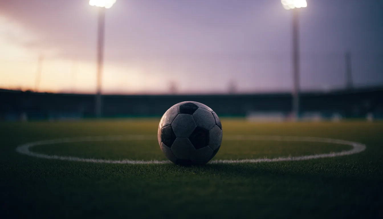 Ein Fußball liegt auf dem Anstoßpunkt eines Rasenplatzes in der Abenddämmerung, Flutlichtmasten stehen unscharf im Hintergrund.