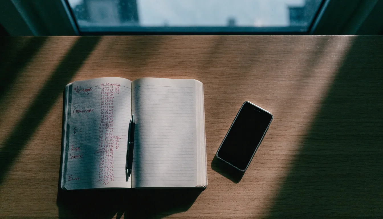Ein Notizbuch mit handschriftlichen Zahlen liegt neben einem Smartphone mit dunklem Display auf einem Tisch, im Fenster Dämmerlicht.