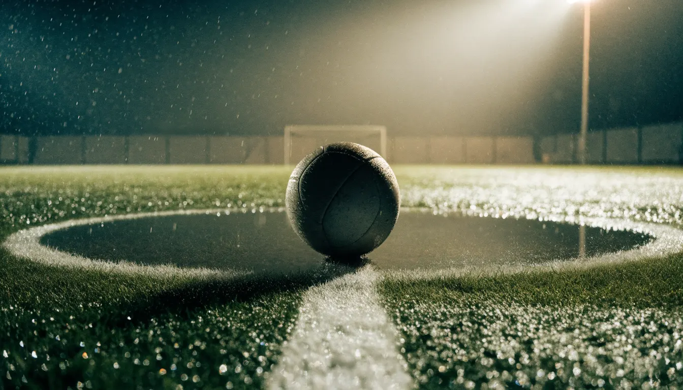 Ein Fußball liegt auf dem Elfmeterpunkt eines nassen Rasenplatzes, im Hintergrund ein leeres Tor im Nebel.