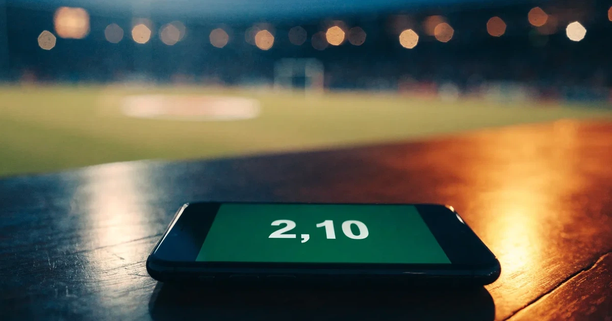 Ein großes Fußballstadion mit hell erleuchtetem Rund, aus der Ferne am Abend gesehen, davor eine breite Allee mit Laternen.