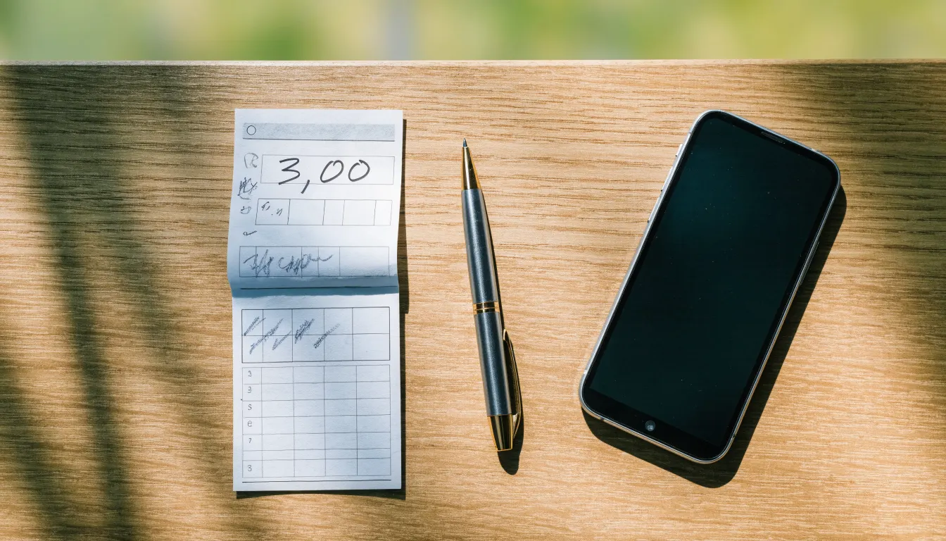 Ein leerer Papier-Wettschein und ein Kugelschreiber liegen auf einem Holztisch neben einem schwarzen Smartphone.