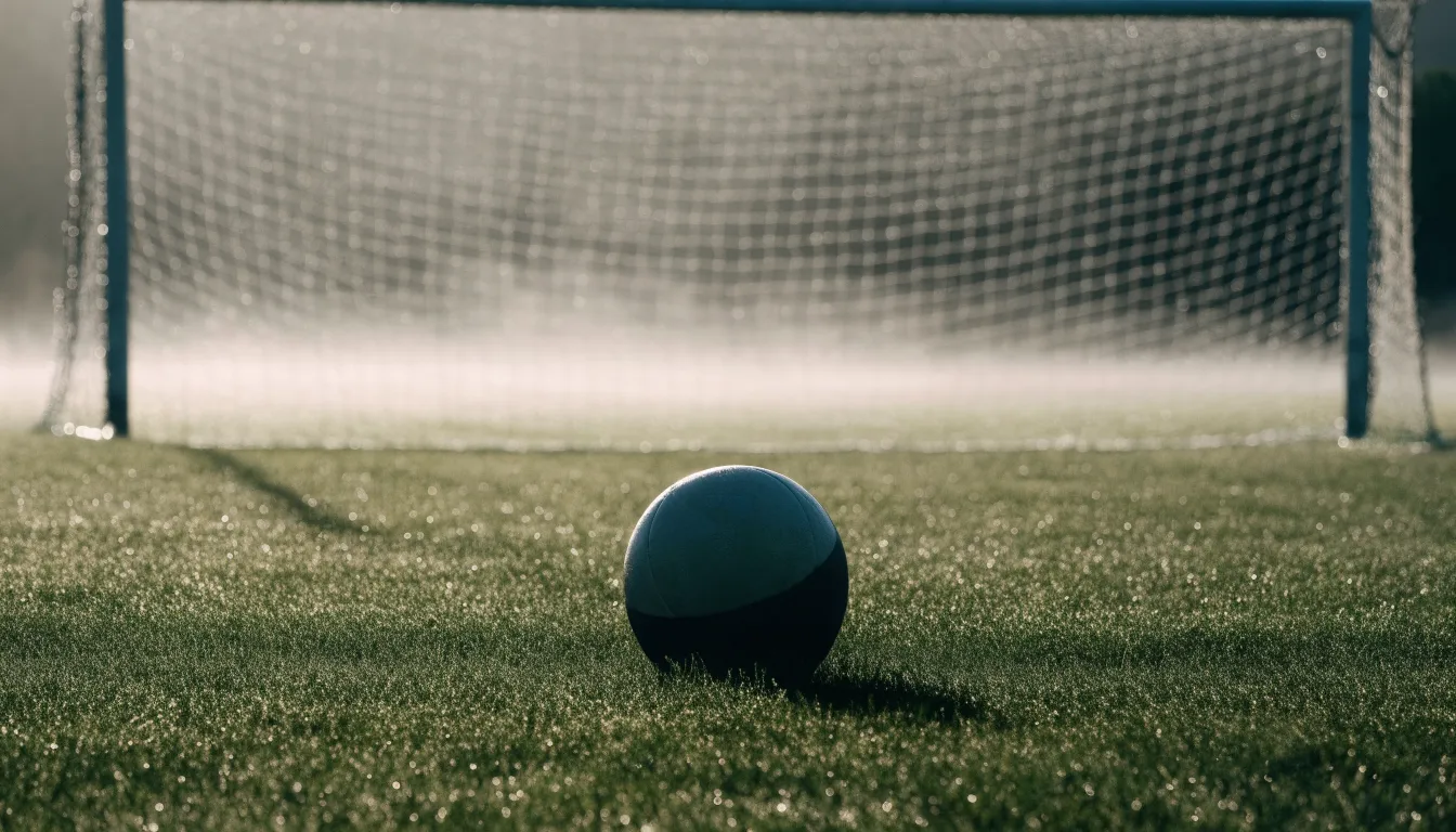 Ein Fußball liegt auf dem Rasen vor einem Tor im Morgennebel, die Netzmaschen sind taufeucht.