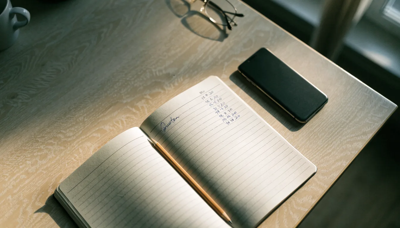 Ein Notizbuch mit handschriftlichen Zahlenreihen liegt neben einem Bleistift und einem Smartphone mit dunklem Display auf einem Tisch.