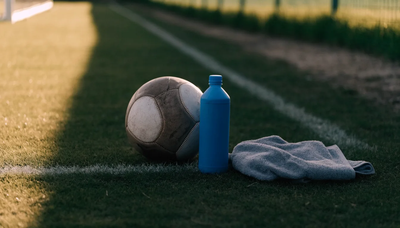 Ein Fußball auf einer Wiese neben der Seitenlinie, daneben eine Trinkflasche ohne Aufdruck und ein Handtuch.