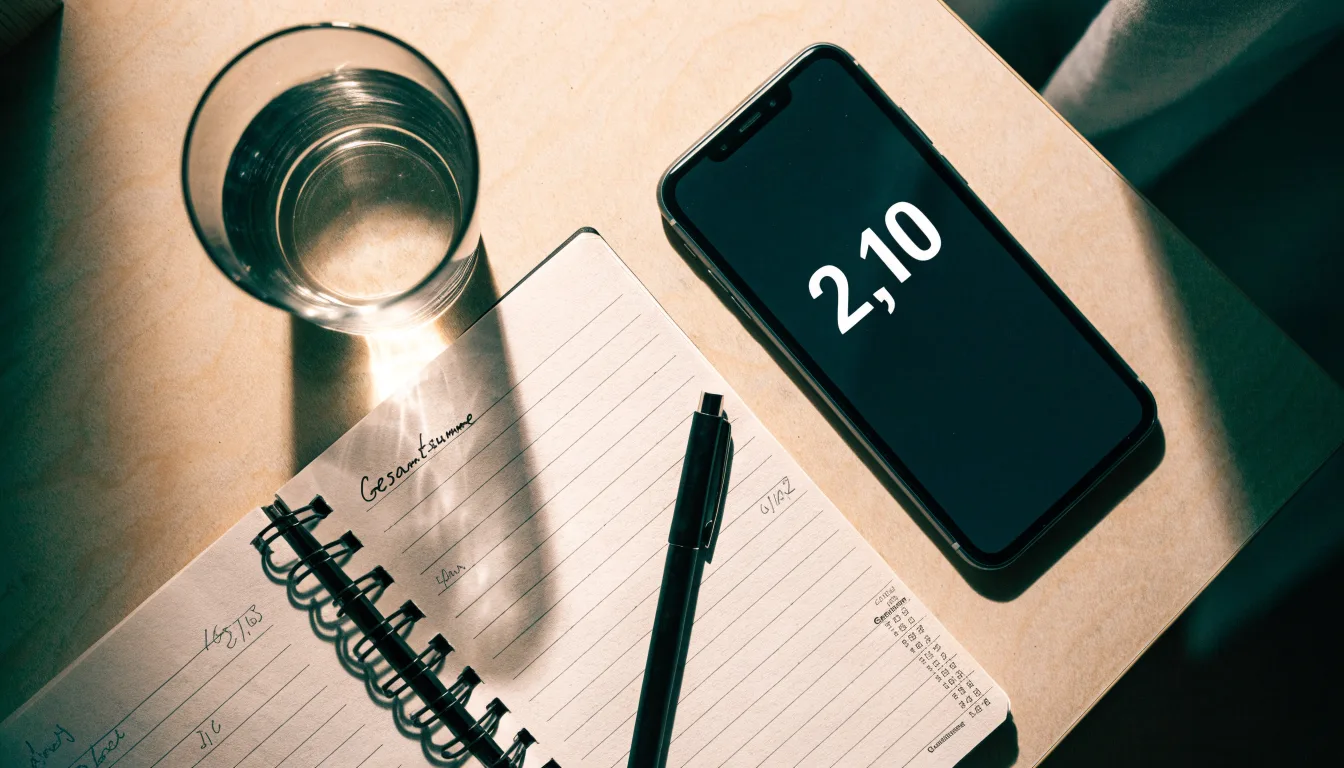 Ein Notizbuch mit handschriftlichen Notizen und ein Taschenrechner liegen auf einem Schreibtisch neben einem Smartphone mit dunklem Display.