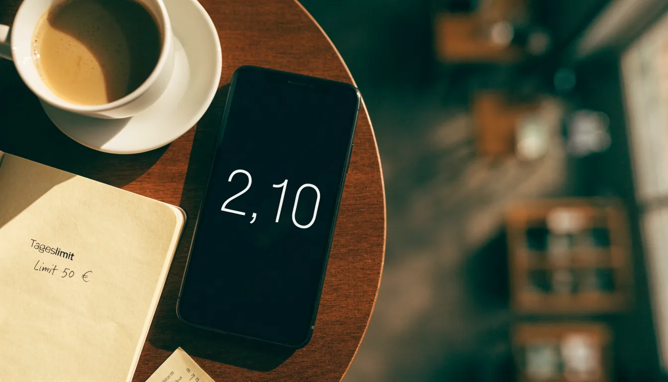 Ein Smartphone liegt mit schwarzem Display neben einer Kaffeetasse und einem Notizblock auf einem Café-Tisch.