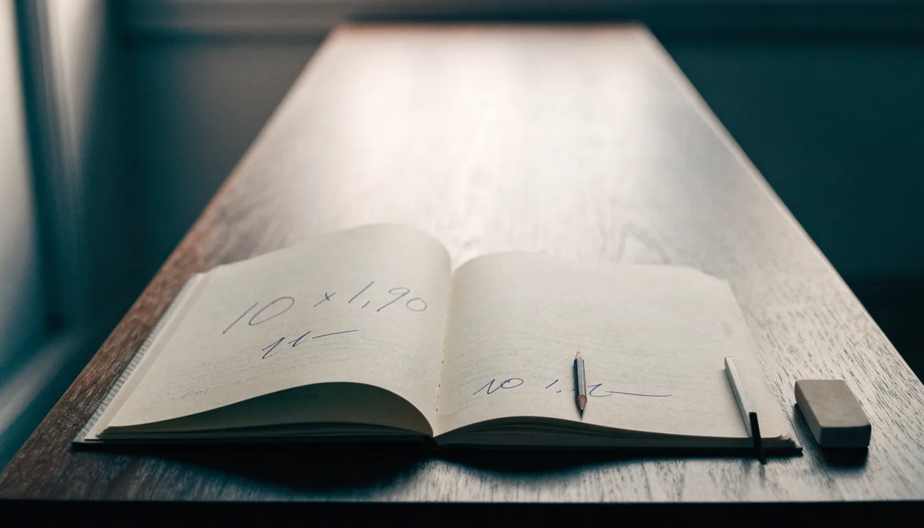 Ein Notizbuch mit handschriftlichen Multiplikationen liegt aufgeschlagen auf einem Holztisch, daneben ein Bleistift und ein Radiergummi.