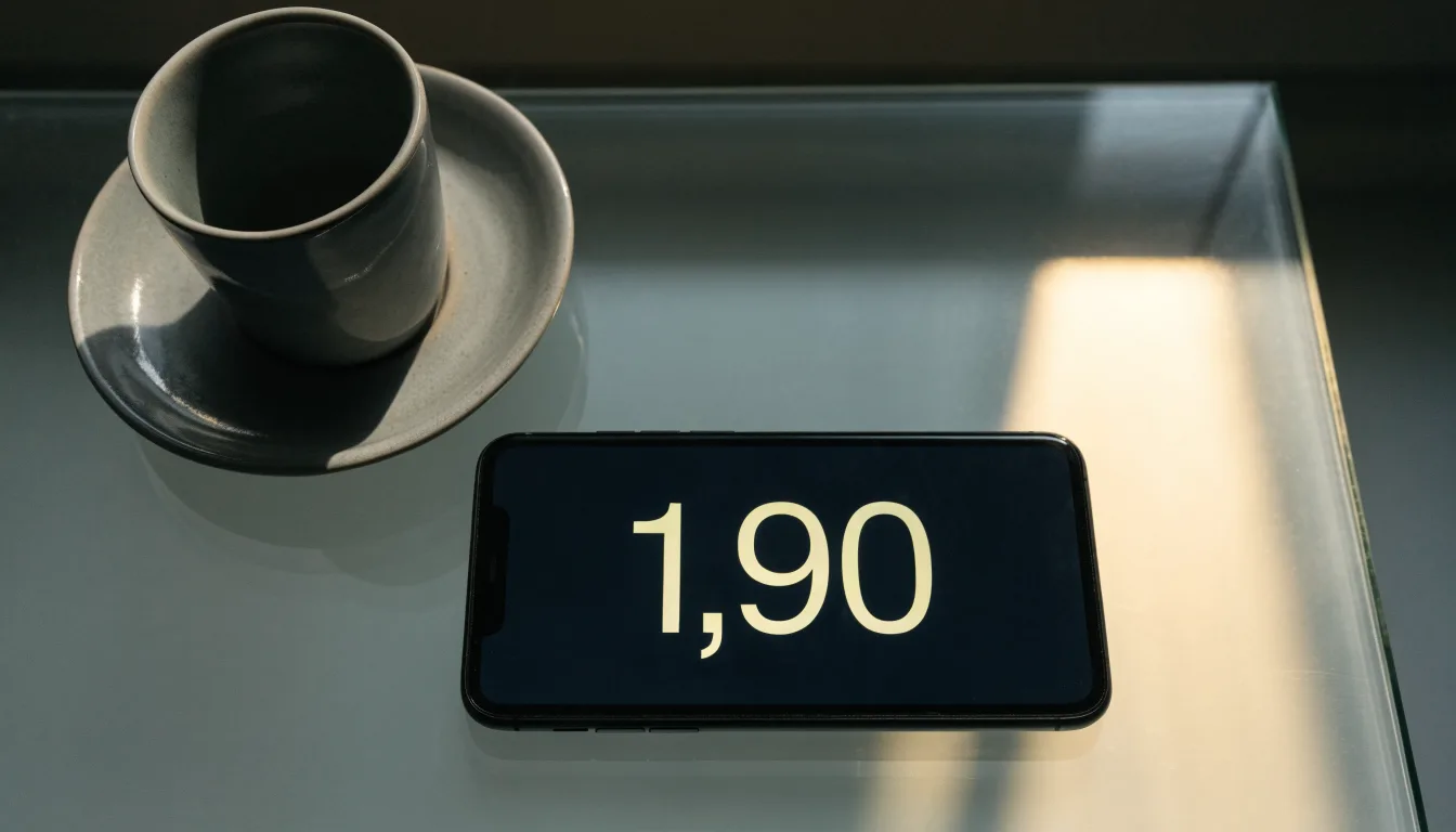 Ein Smartphone mit dunklem Display liegt neben einer Kaffeetasse auf einem Schreibtisch, durch das Fenster fällt Abendlicht.