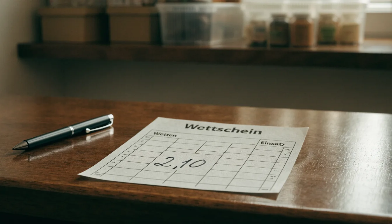 Ein leerer Wettschein aus Papier liegt neben einem Kugelschreiber auf einem Tresen, im Hintergrund unscharf ein Regal.