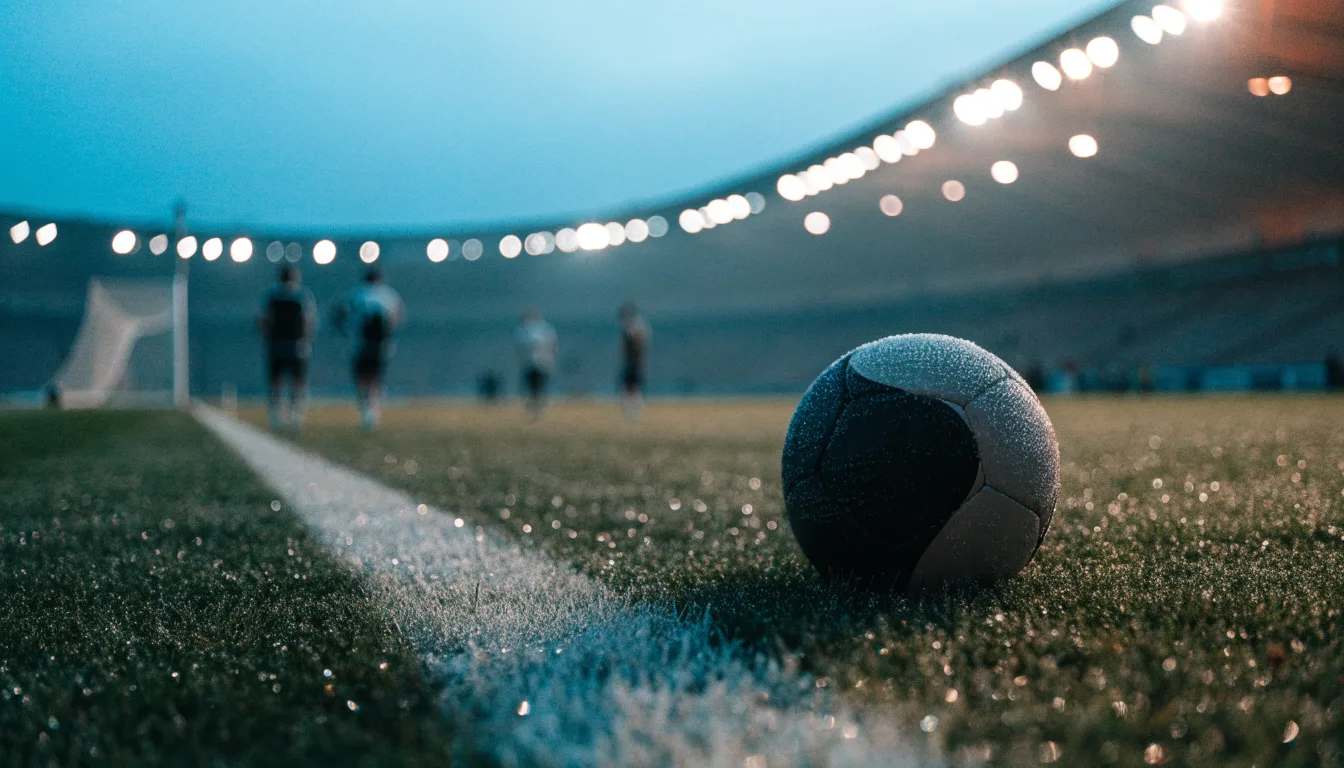 Ein Fußball liegt auf einem Rasenplatz in der Dämmerung, im Hintergrund ein ferner Stadionrand unter Flutlicht.