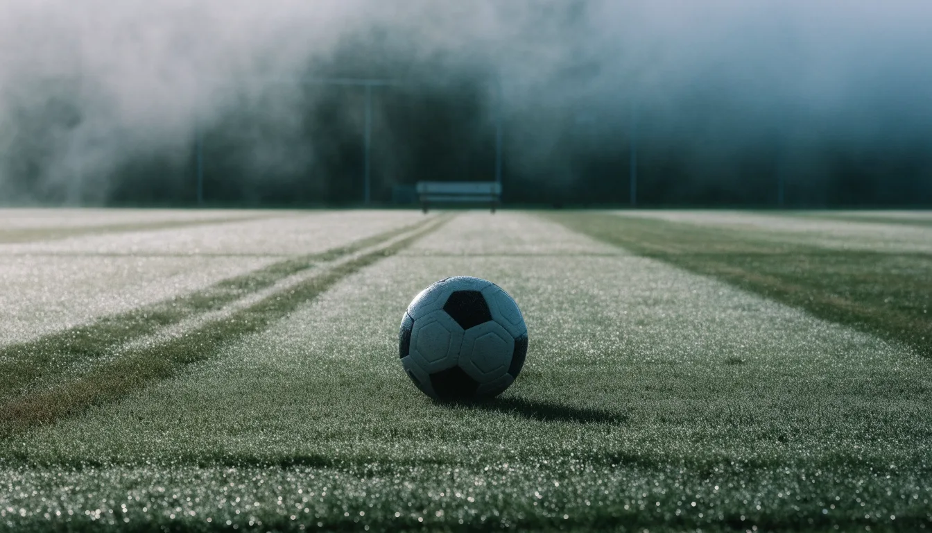 Ein Fußball liegt in der Mitte eines leeren Rasenplatzes im Morgennebel, am Rand steht eine einzelne Auswechselbank.
